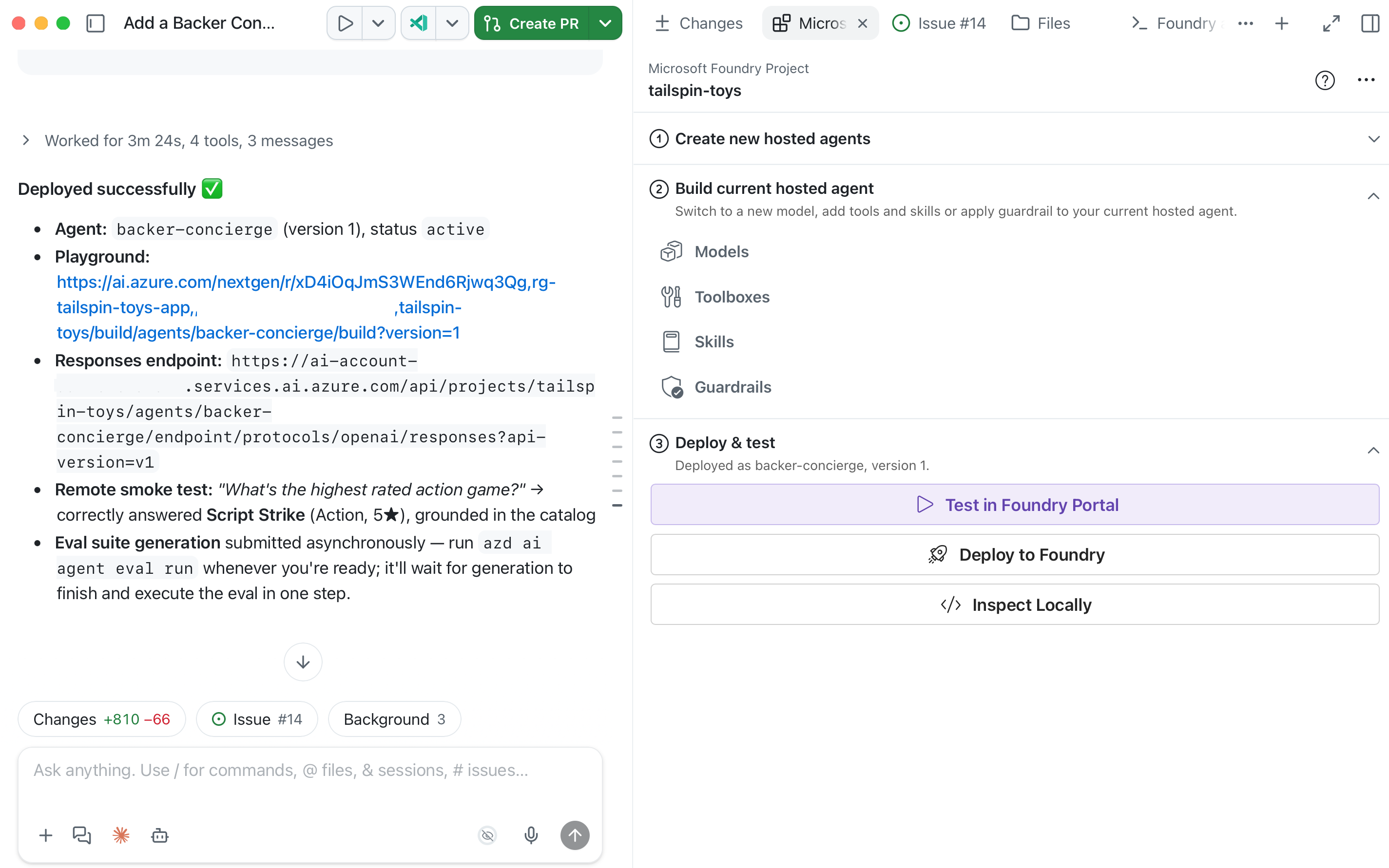 Deploy to Foundry prompt on the canvas