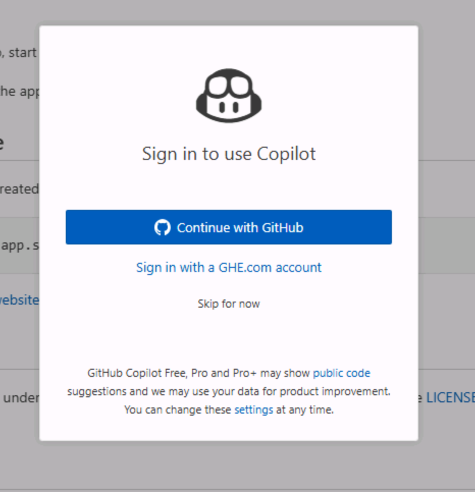 Example of Copilot Chat authentication prompt